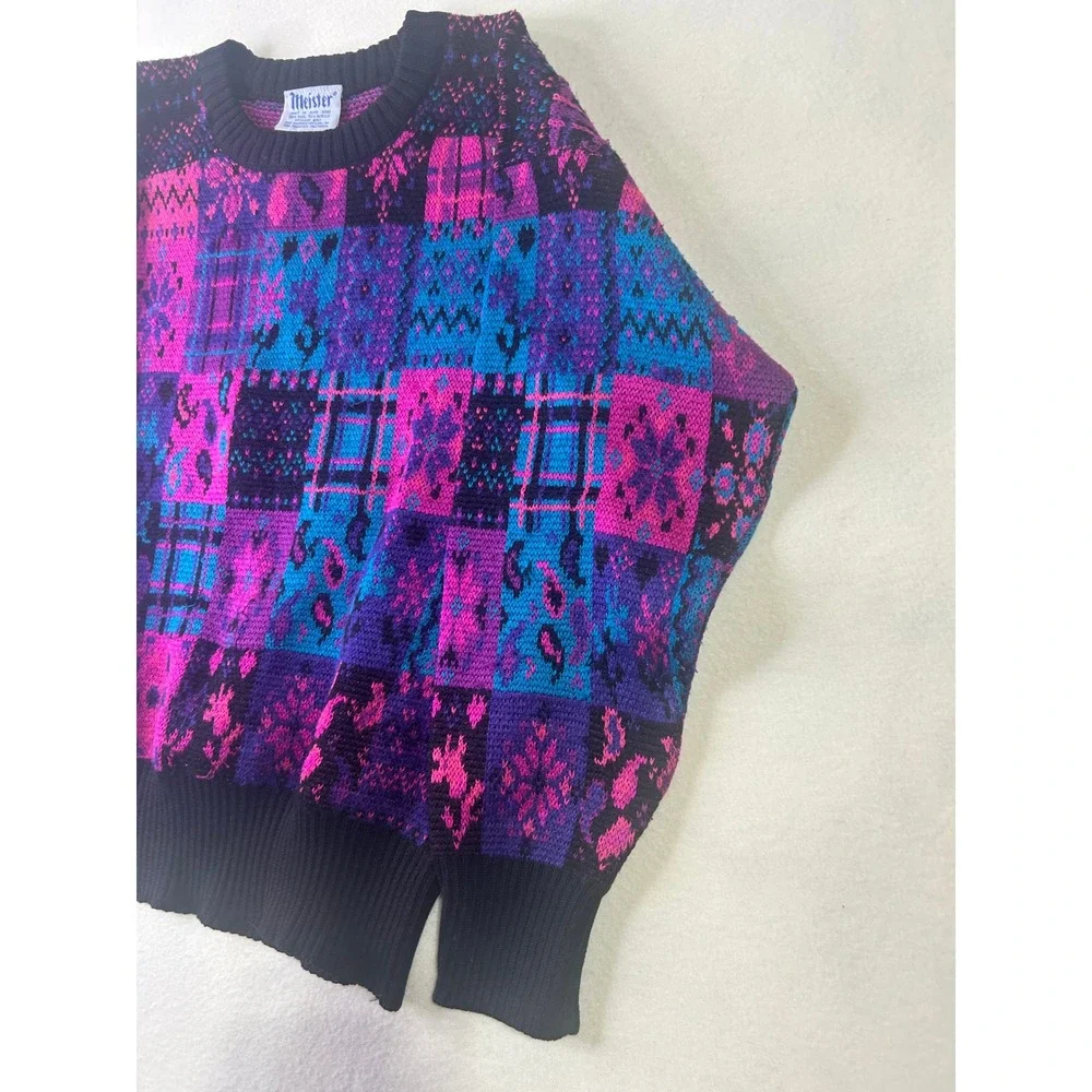 Vintage Meister Patchwork Knit Sweater Pink‎ Purple Blue Wool Blend Crewneck
